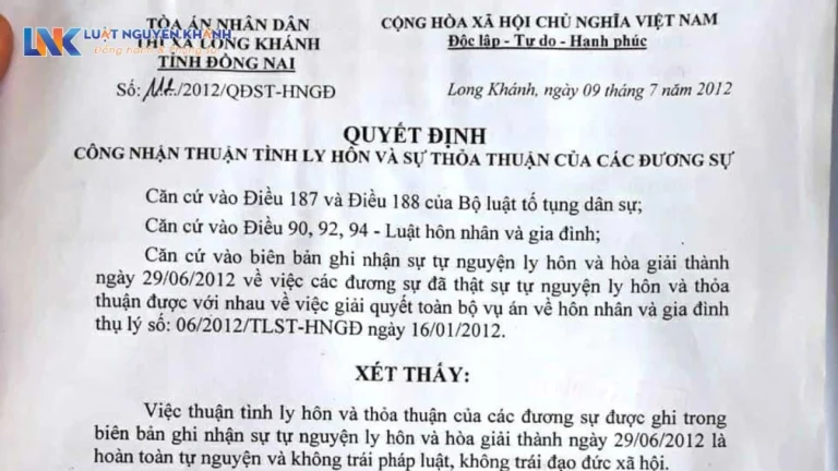 Mẫu giấy quyết định ly hôn của Tòa án Mới nhất